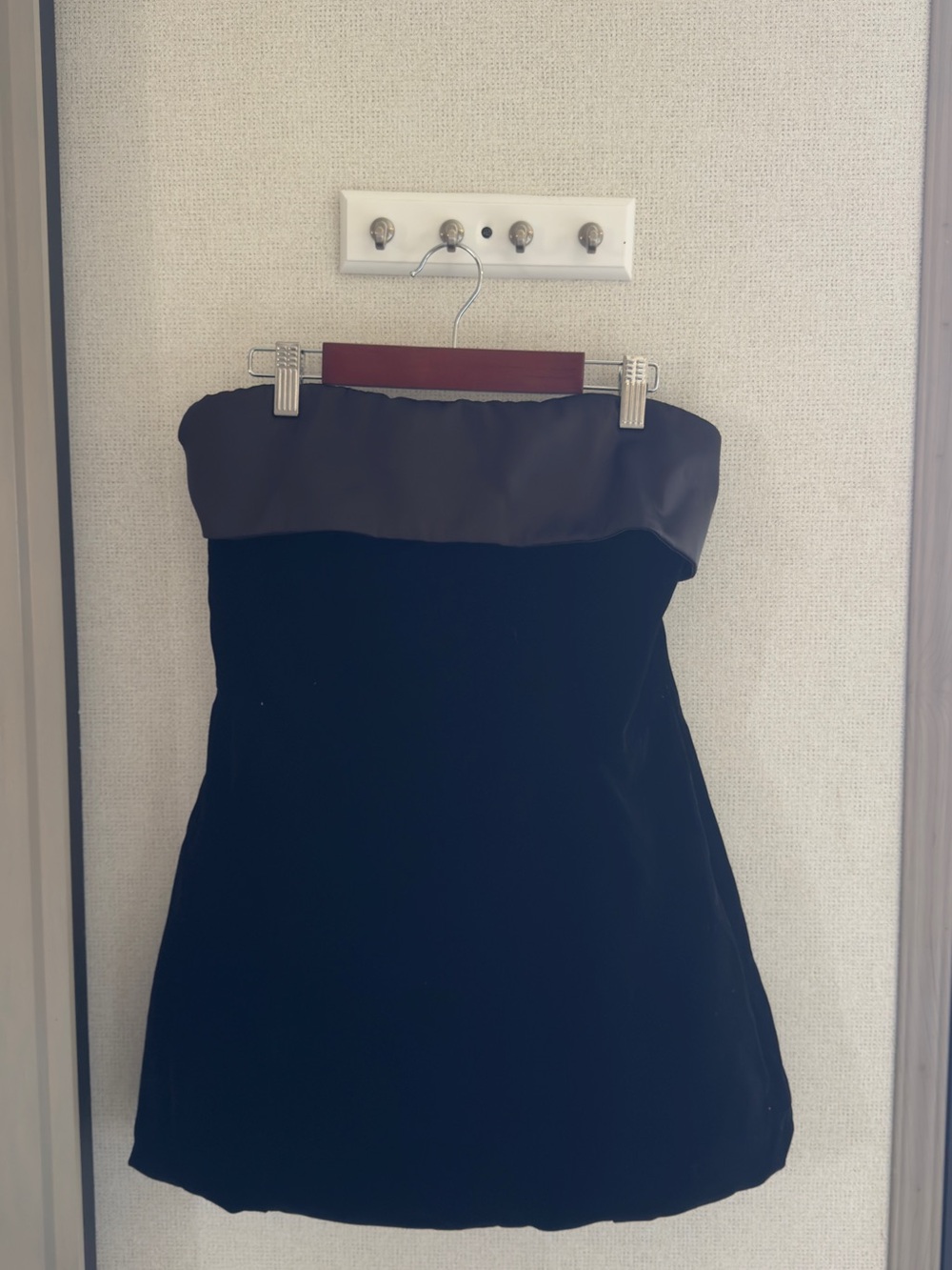 Strapless Black Velvet Mini Dress with Satin Fold-Over Trim